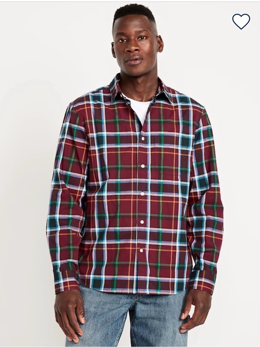 Old Navy Men's Burgundy Plaid Button-Down Shirt with Blue and Green Checks